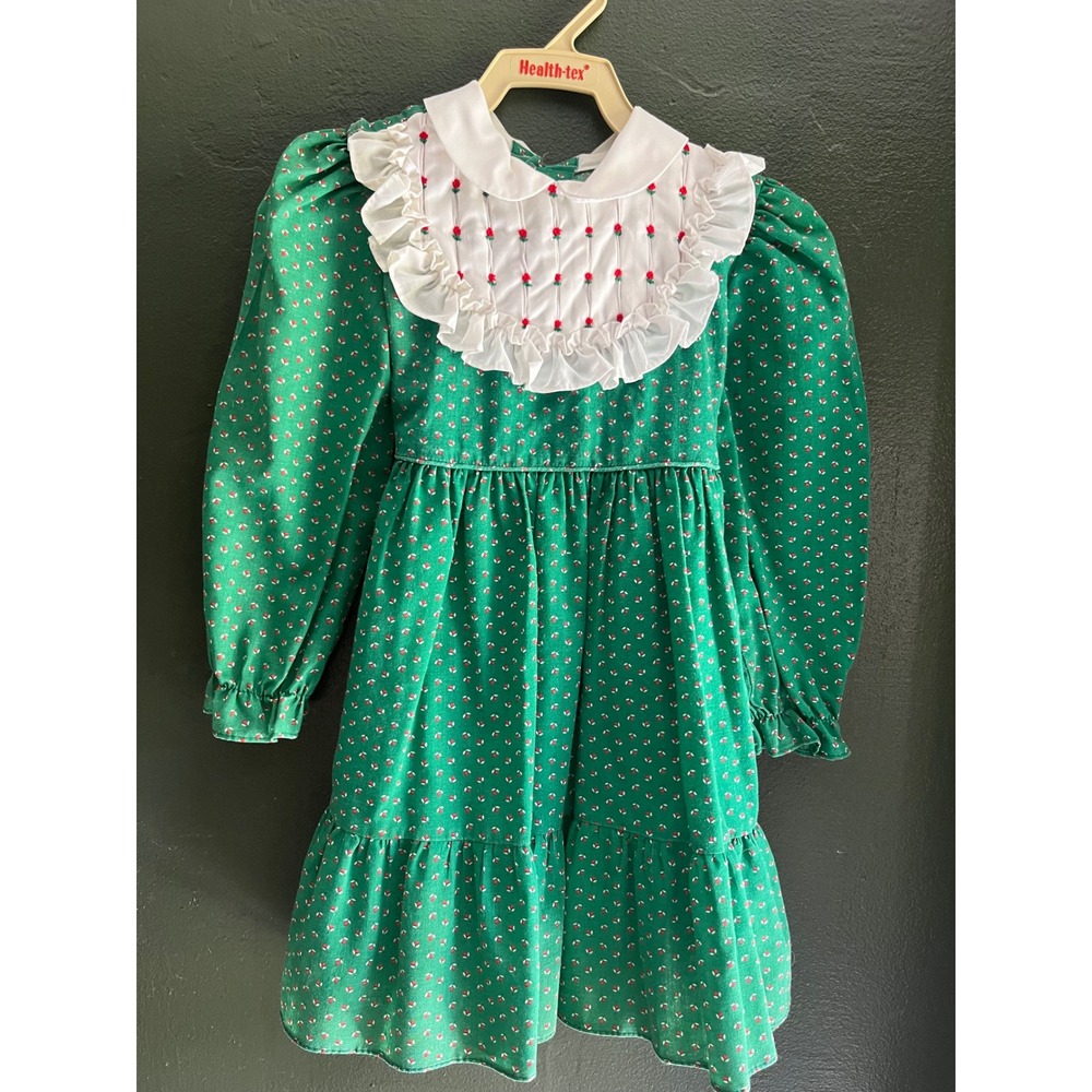 Vintage Polly Flinders Girls Green Floral Hand Smocked Dress Size 4 Rosebud